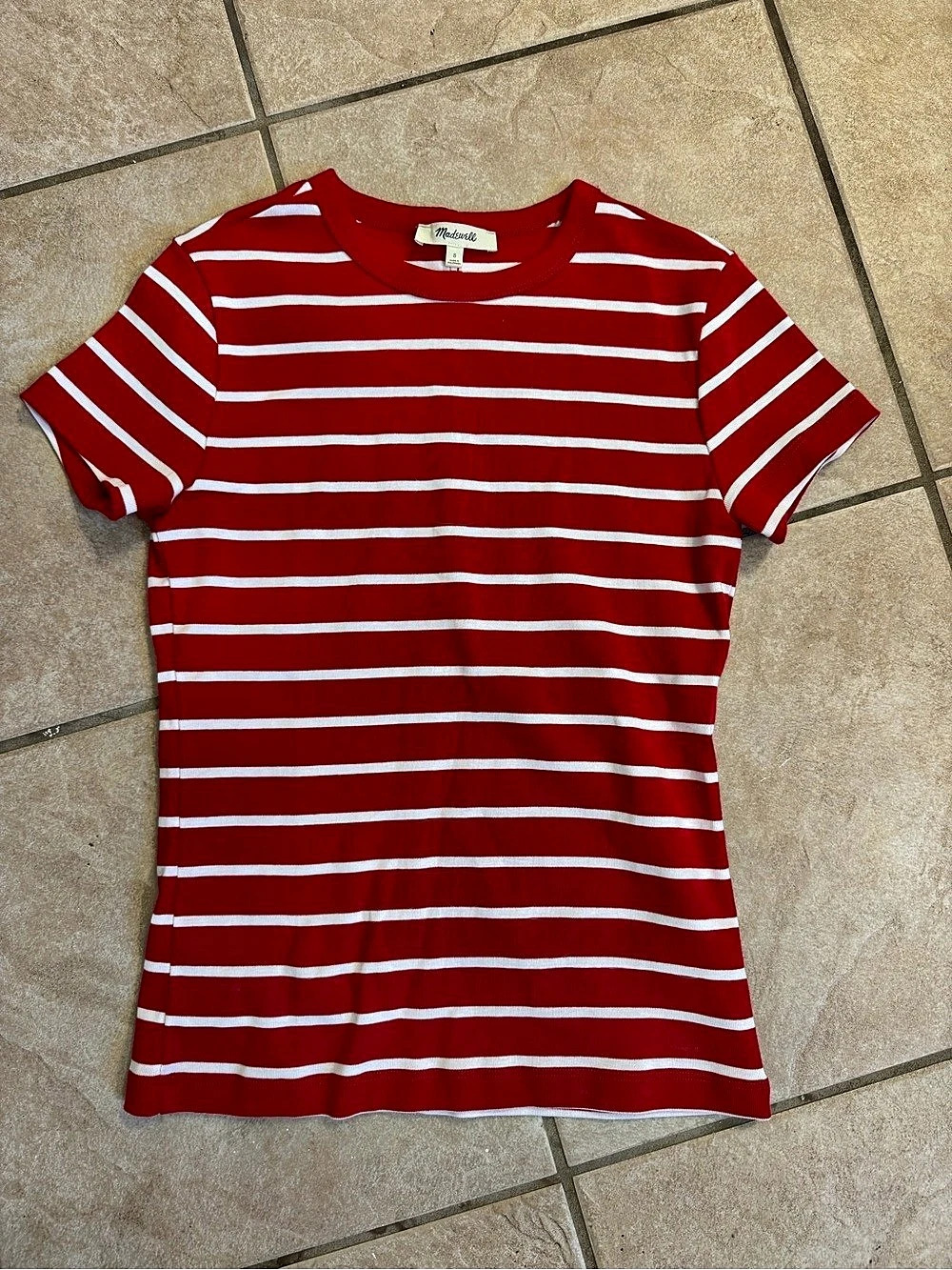 Madewell The Perfect Crewneck Tee in Stripe Striped Tee in Red & White Size S
